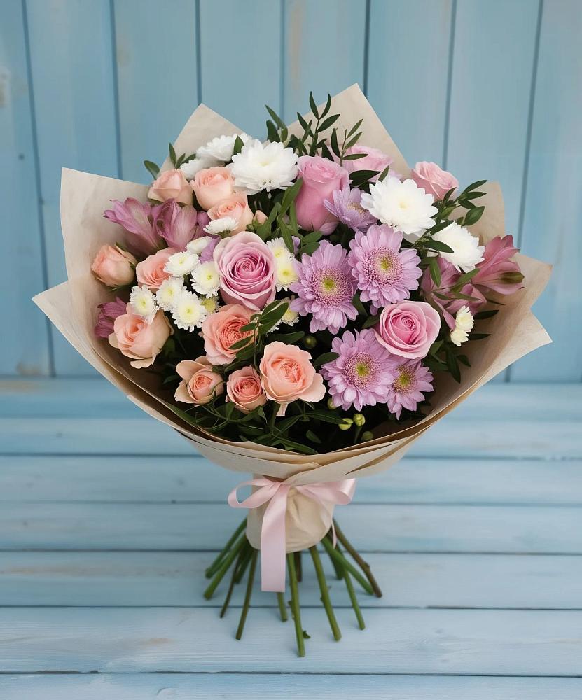 Букет цветов из: Хризантемы, Розы и Альстромерии в Кимовске