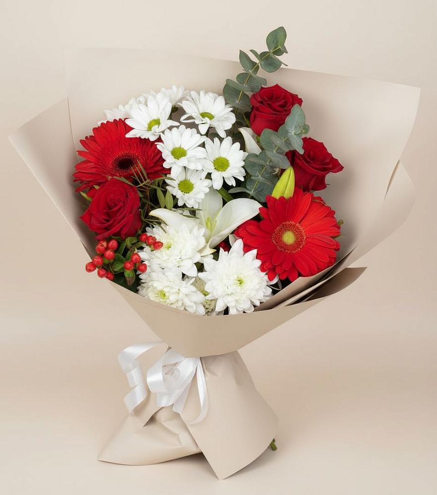 Букет цветов из: Розы, Хризантемы, Герберы и Лилии в Кимовске